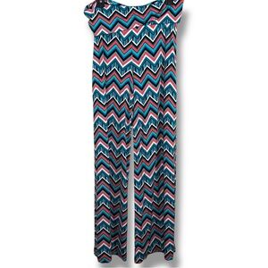 Large 2B Clothing Colorful Wide Leg Pants Stretch Chevron Teal Blue Boho